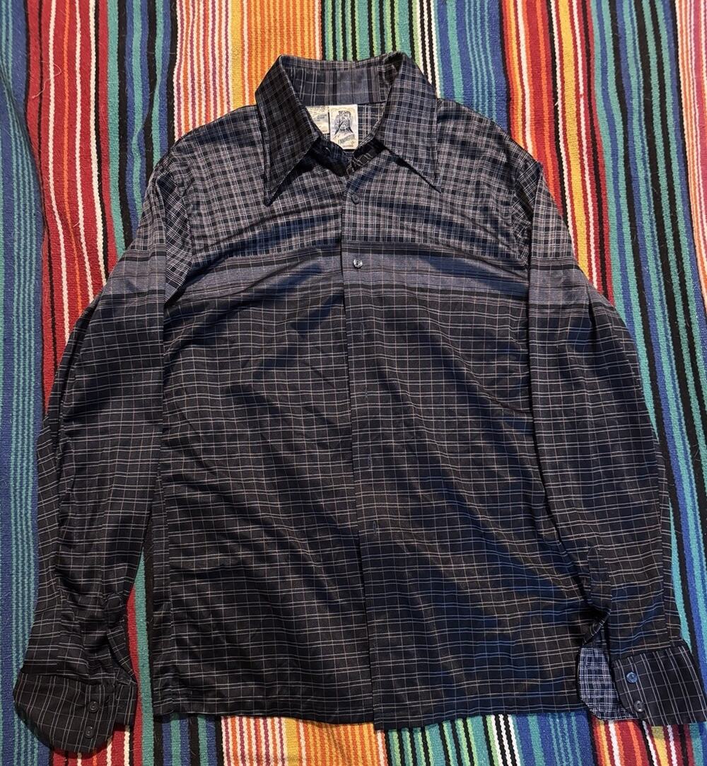 Vintage 70s Kennington California Plaid Button Up Shirt Men's Large Nylon Disco